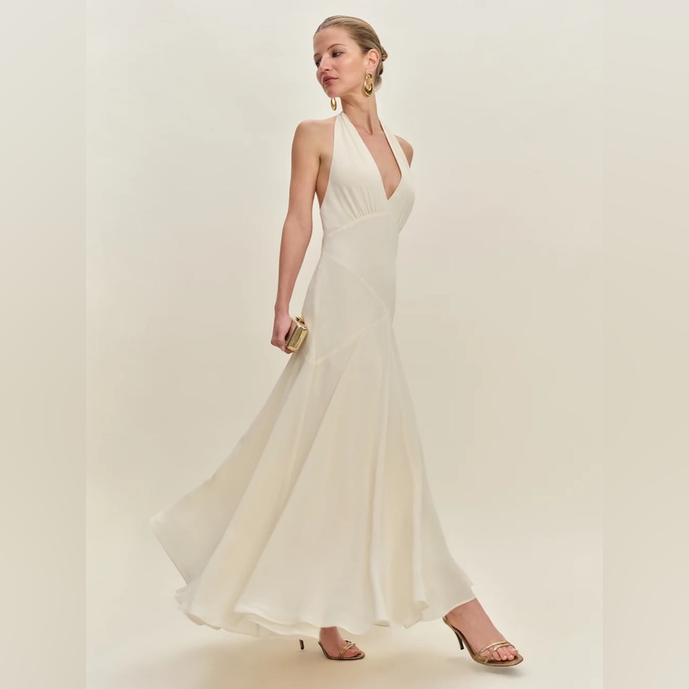 Reformation Briony White/Ivory/Beige/Cream V Neck Halter Maxi Dress (Size 4)